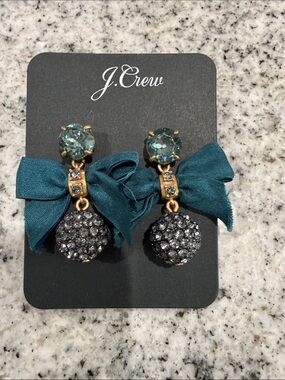 J. Crew Teal Bow Drop Earrings with Pavé Sphere